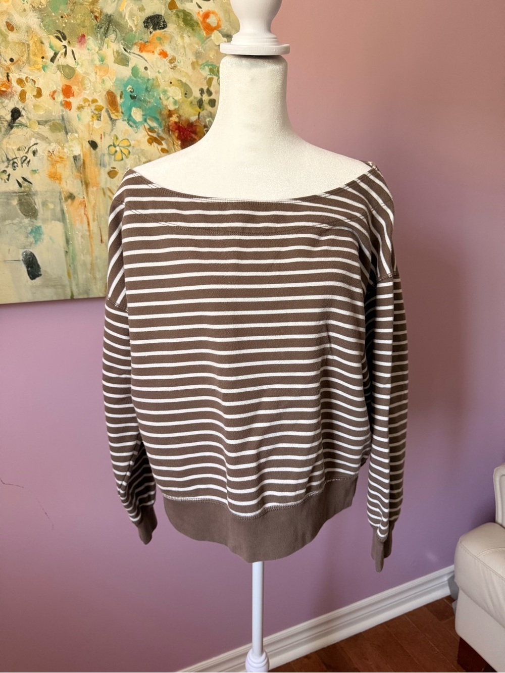 American Eagle Outfitters Brown and White Off-the-Shoulder Striped Sweater